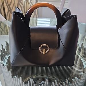 Chic Black Leather Tote with Wooden Handle